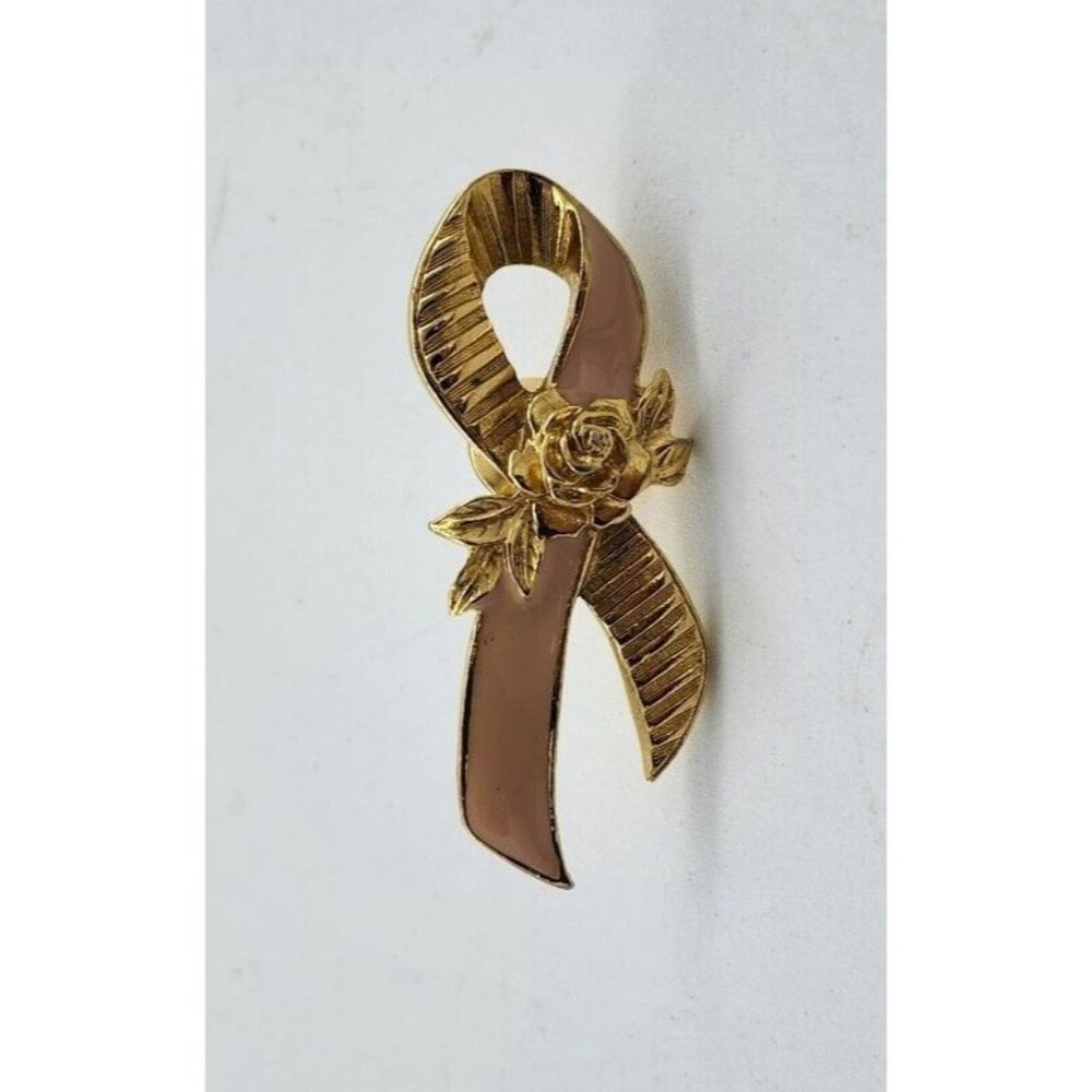 Avon Breast Cancer Awareness Brooch Pink Ribbon Fight Enamel Gold Tone Metal Pin